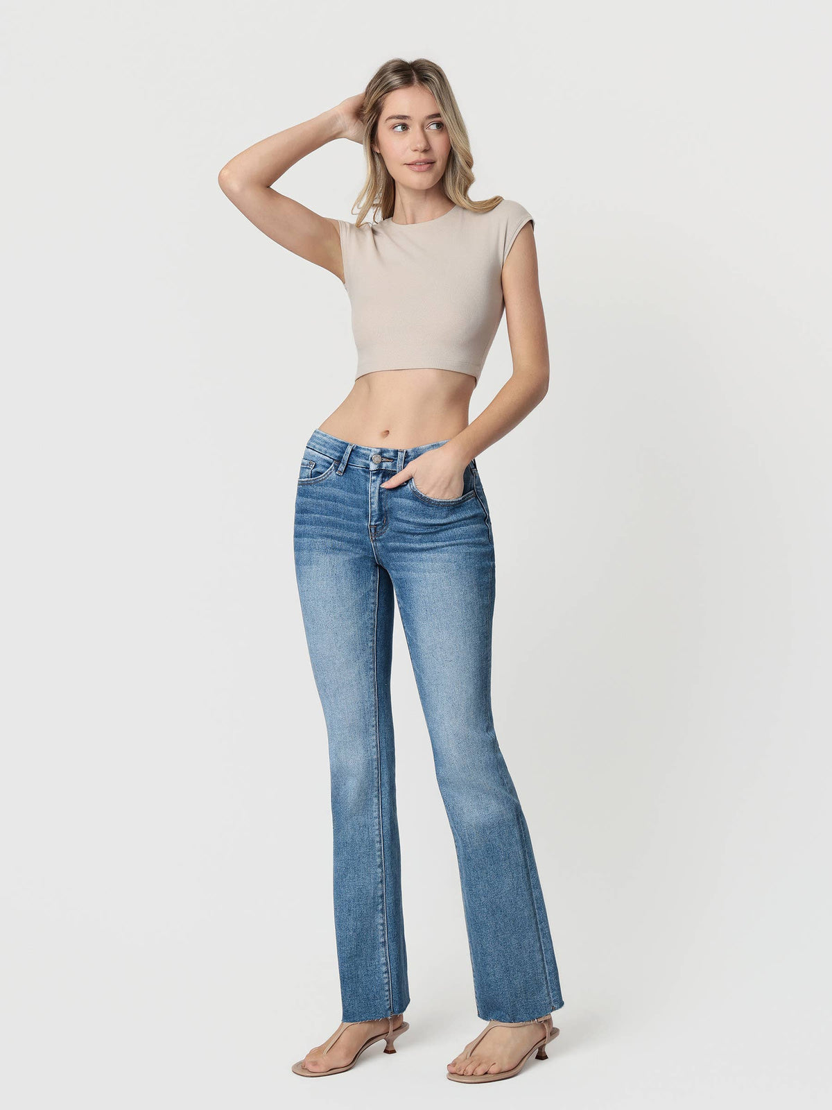 MID RISE SEAMLESS WAISTBAND BOOTCUT JEANS T6217: FLORES SEA / 29