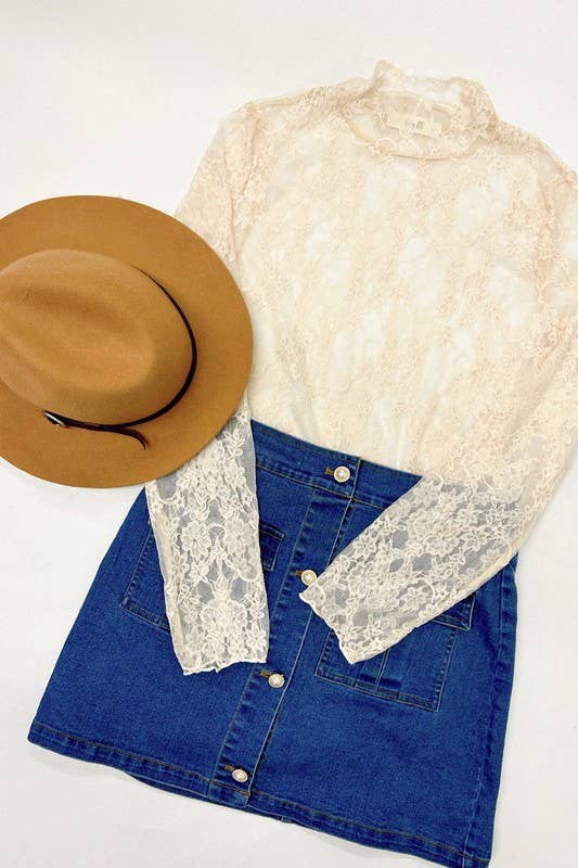 Floral Print Lace Long Sleeve Top KRT1739: BURGANDY / M