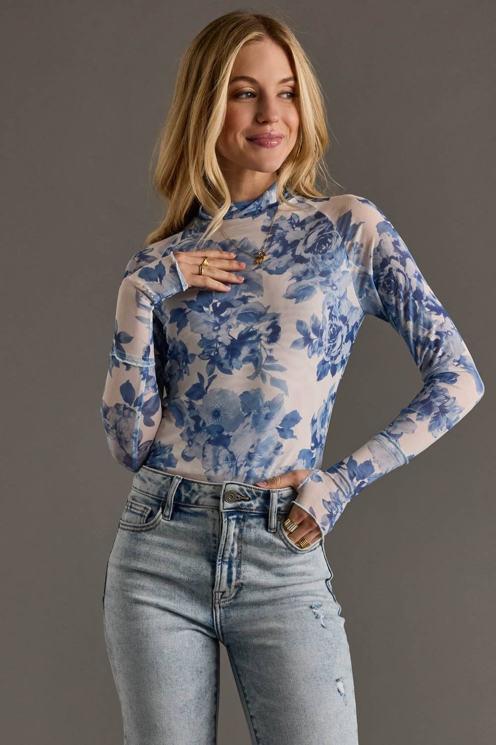 Blue & White Floral Mesh Top