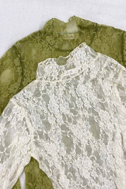 Floral Print Lace Long Sleeve Top KRT1739: NAVY / M