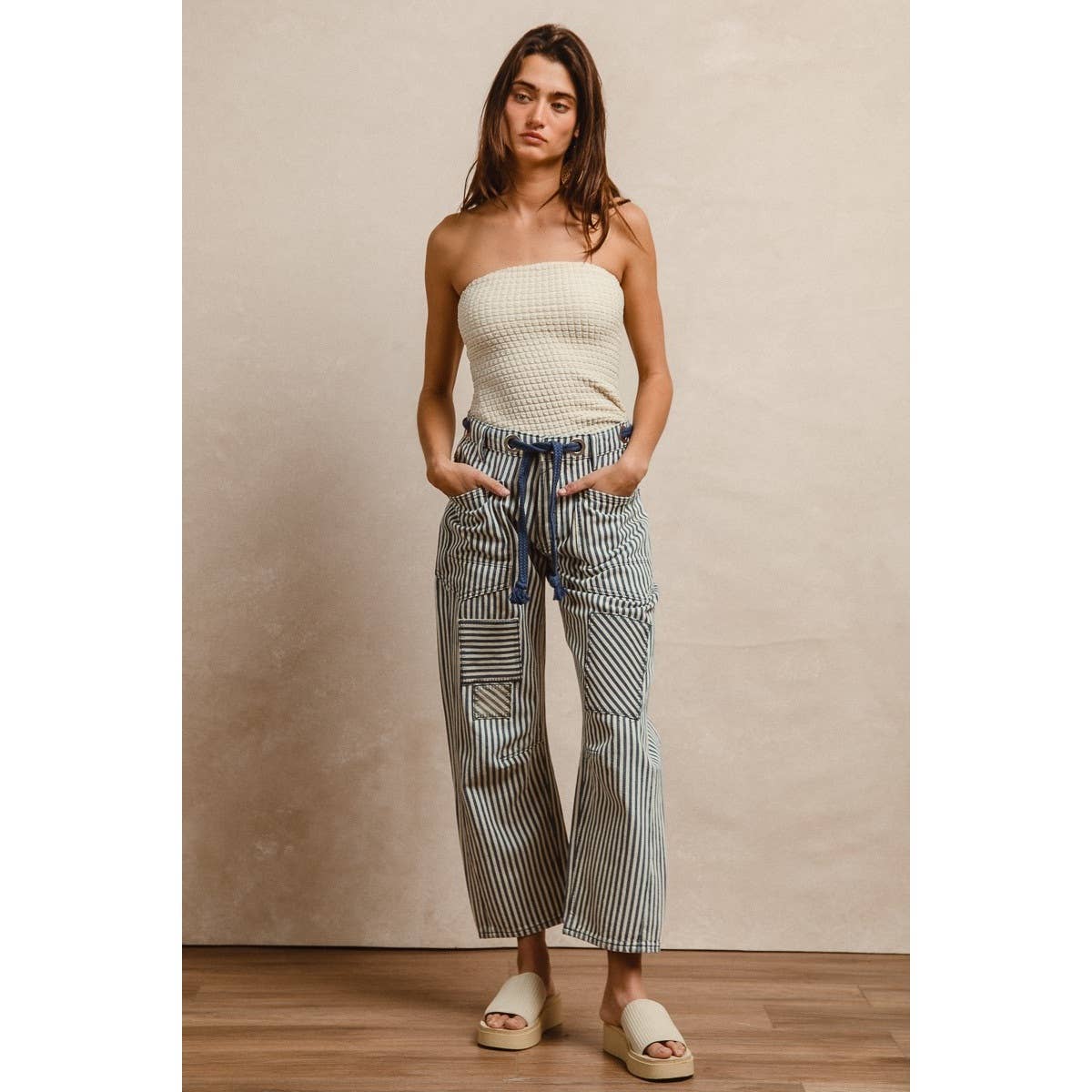 STRIPED TWILL BARREL PANTS: OATMEAL / S-M-L-XL(2-2-2-2)