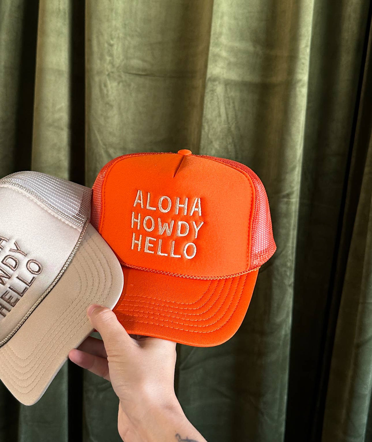 Aloha Howdy Hello Trucker hats: Green