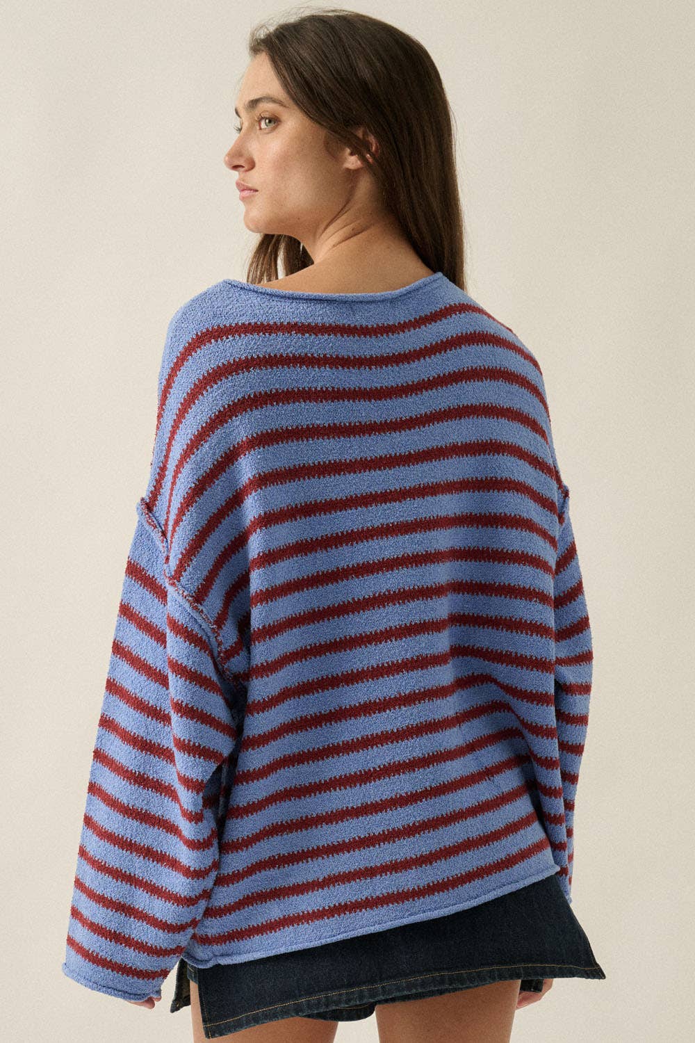 Striped Textured Knit Oversized Sweater: Choco-Blue / M