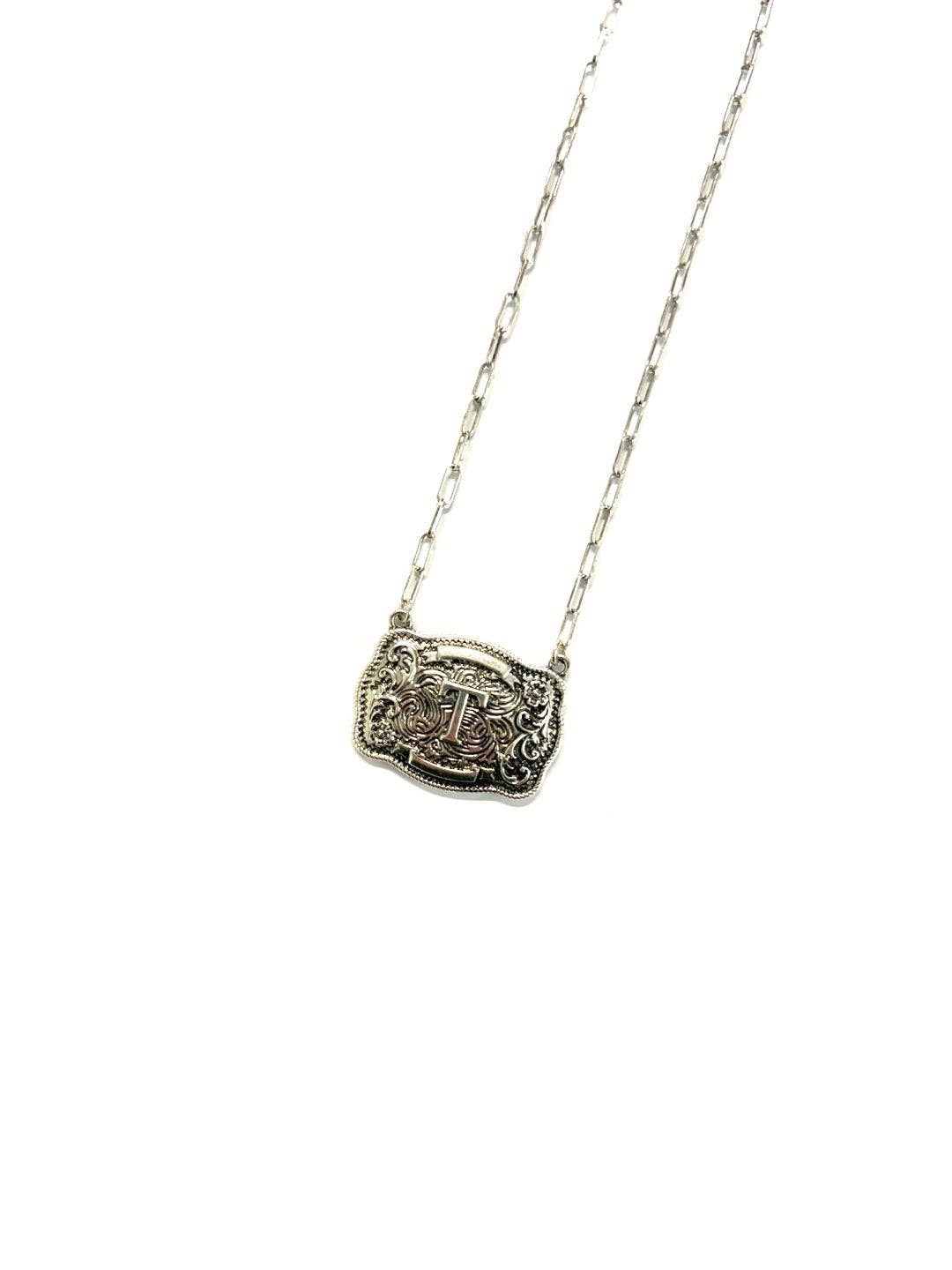 Western Belt Buckle Initial Necklace: F
