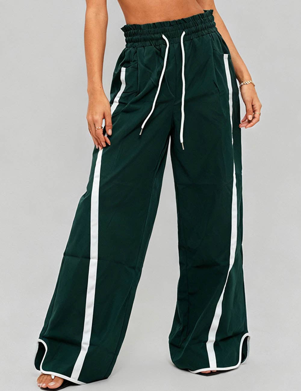 Ladies Color Block Striped Elastic Tie Waist Wide Leg Pants: Dark Green / L