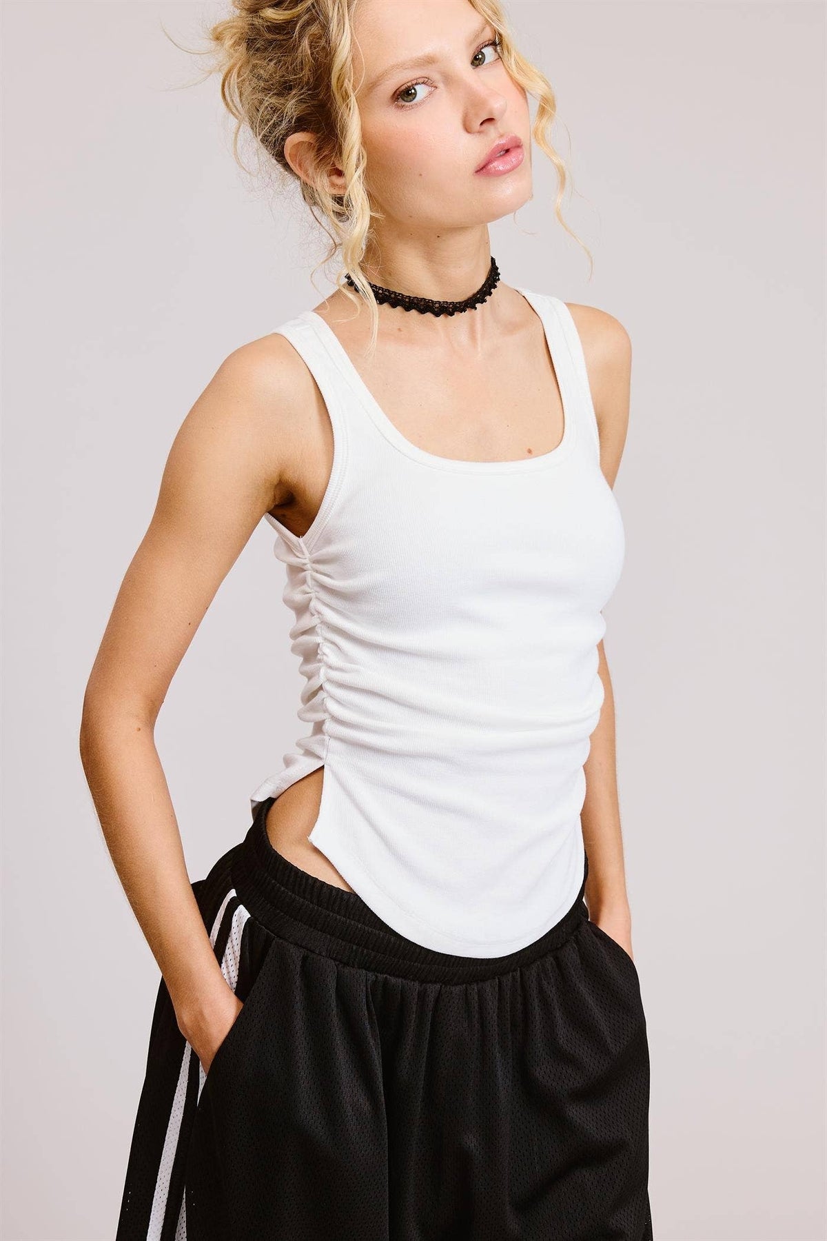 Ruched Ribbed Knit Tank with Scoop Neck: Grey / M