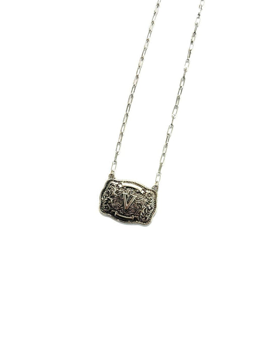 Western Belt Buckle Initial Necklace: V