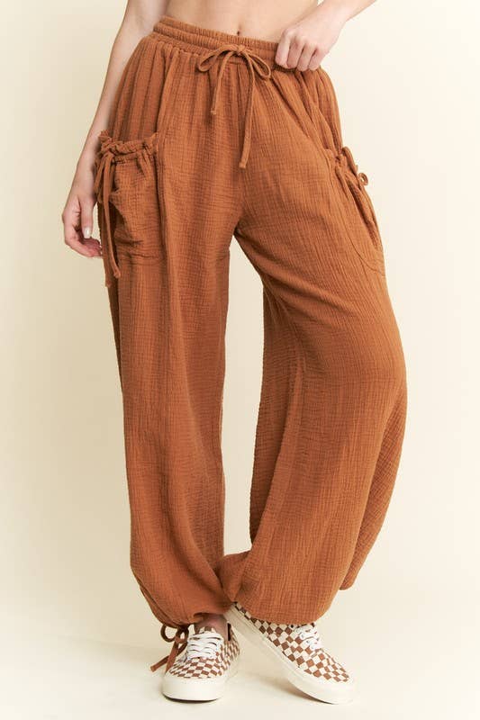 VINTAGE GAUZE JOGGER PANTS: Camel / XL