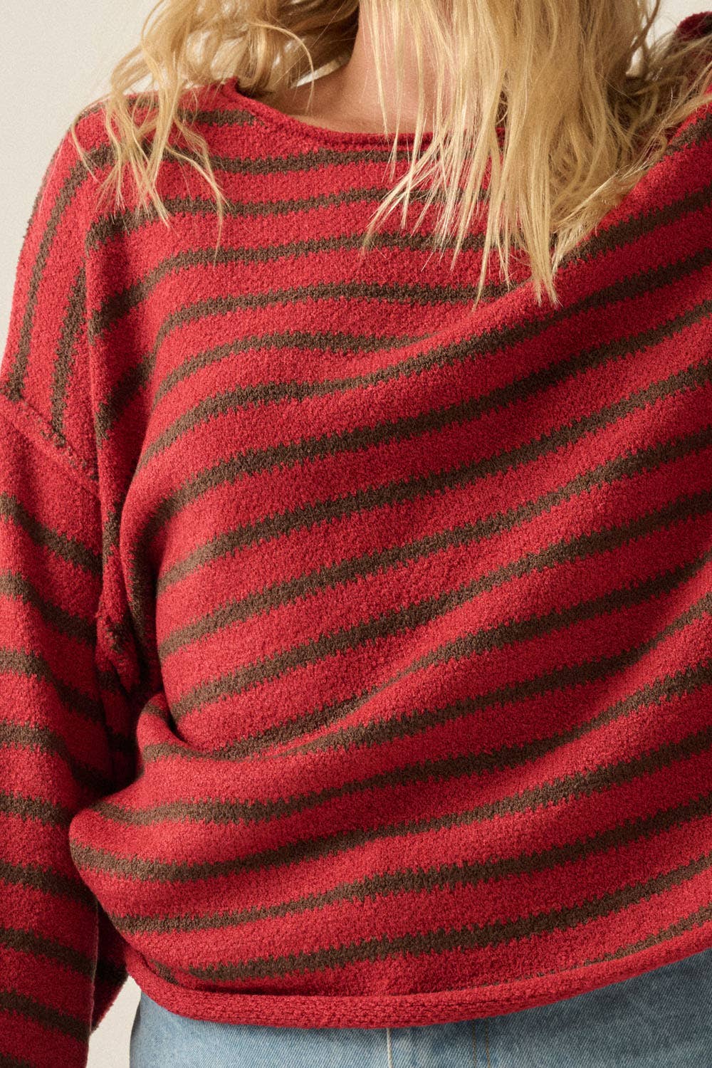 Striped Textured Knit Oversized Sweater: Midnight-Grey / M