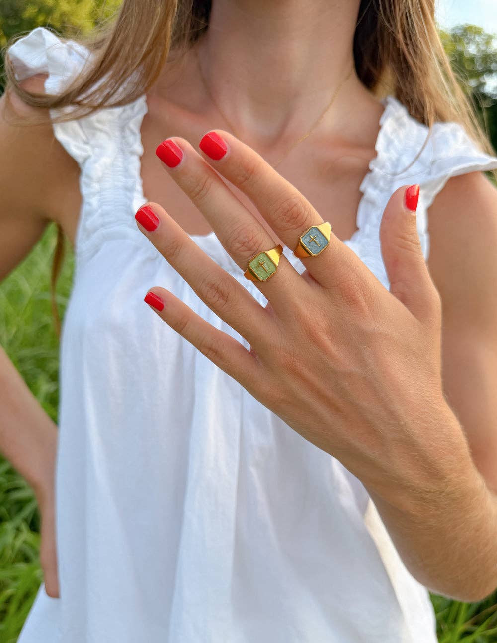 Matcha Green Enamel Cross Ring: 9