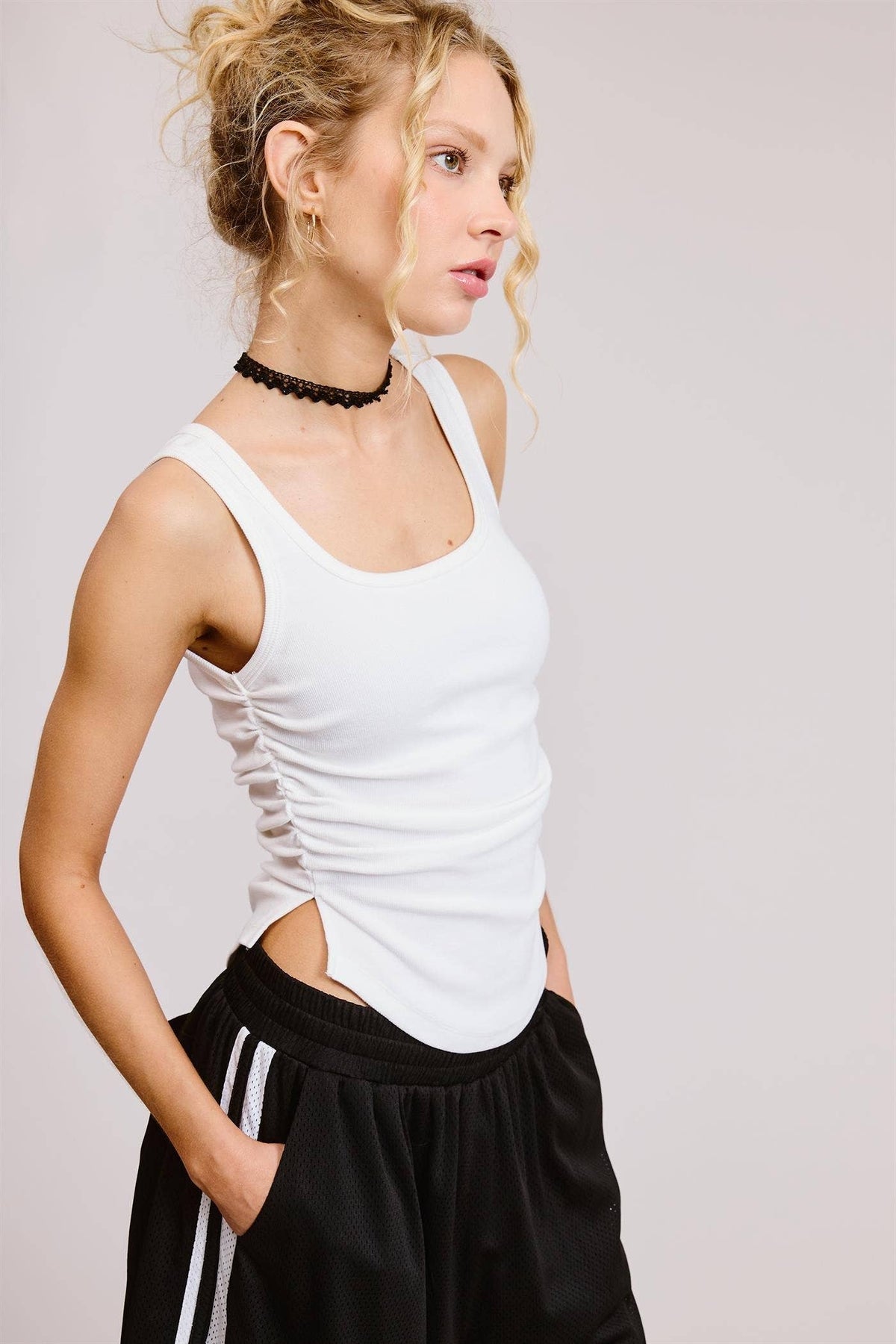 Ruched Ribbed Knit Tank with Scoop Neck: Grey / L