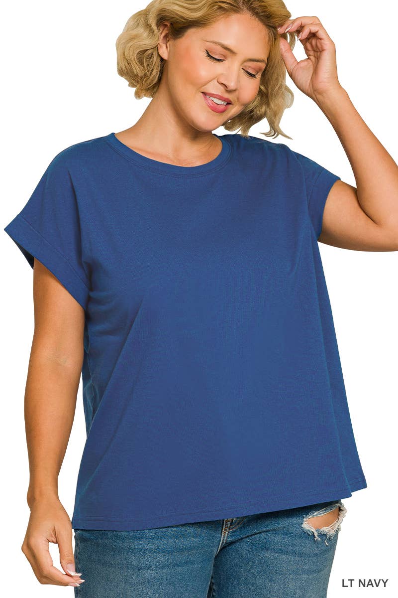 ,..._ Plus size Cotton Folded Sleeve T Shirt: +WHITE-173980 / 1X